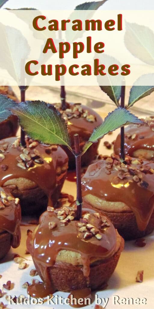 A Pinterest pin for Caramel Apple Cupcakes along with a title text.