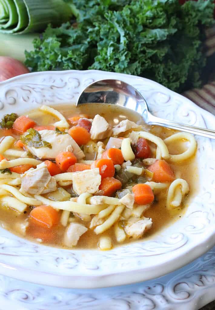 A tempting looking bowl of chicken noodle soup.