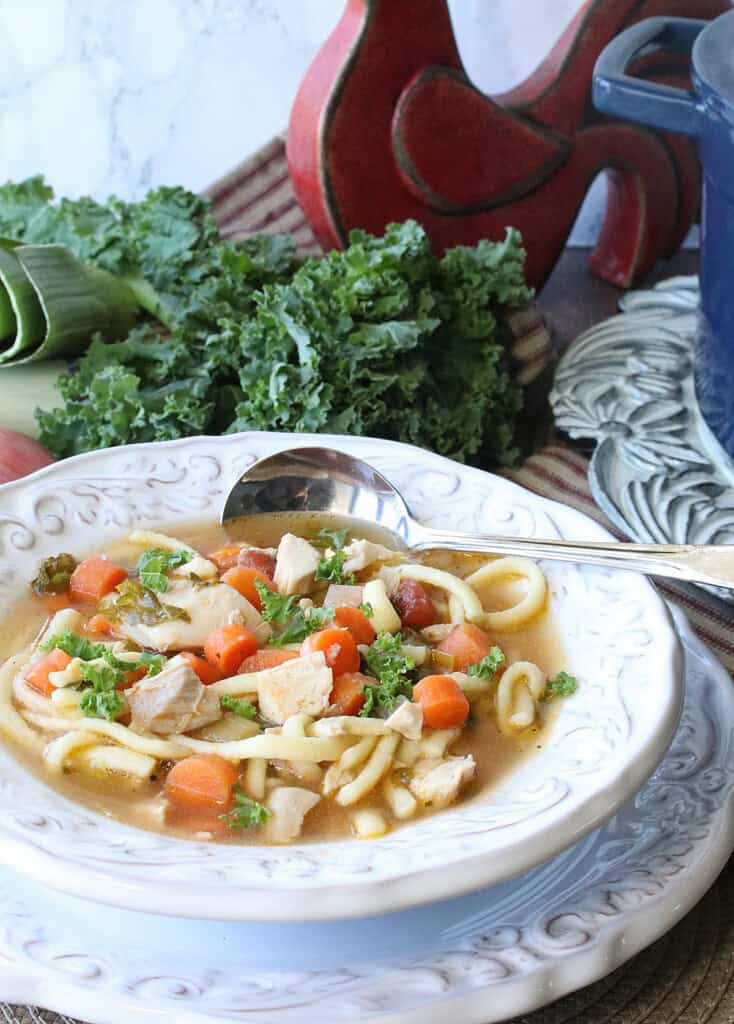 An inviting bowl of Chicken Noodle Soup with Leeks and Kale with fresh leeks and kale in the background.