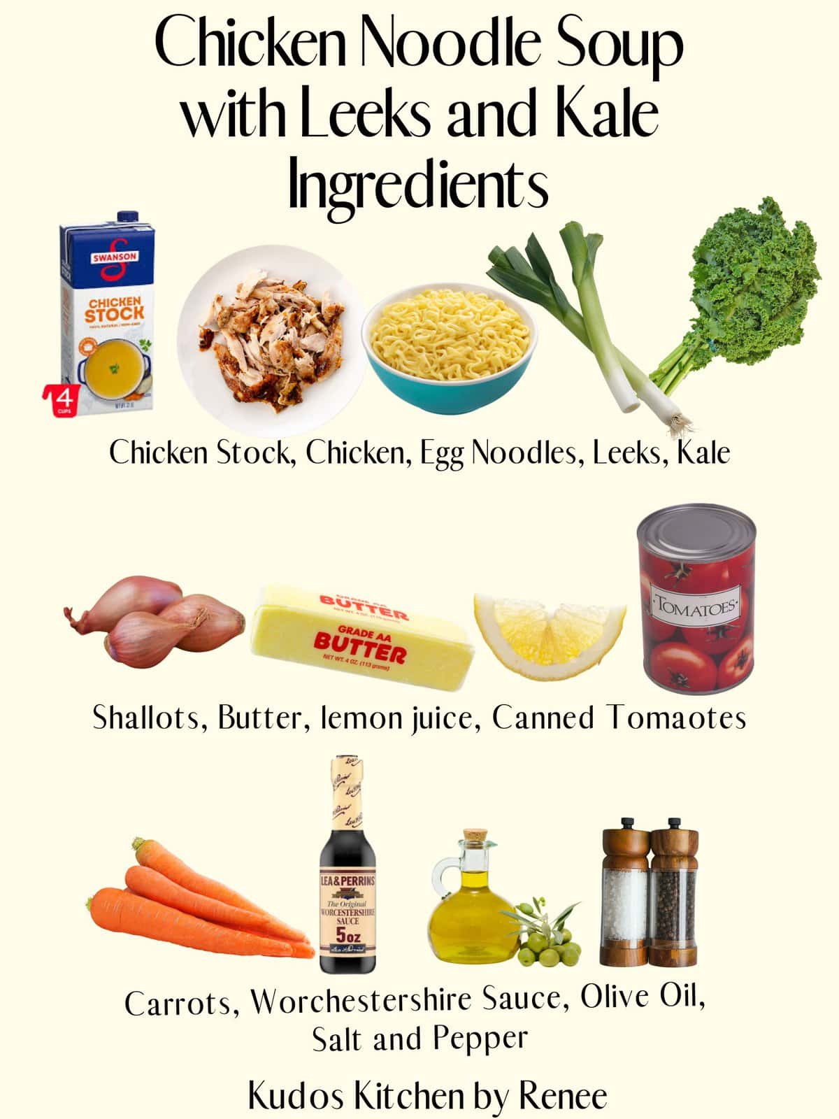 A visual ingredient list for making Chicken Noodle Soup with Leeks and Kale.