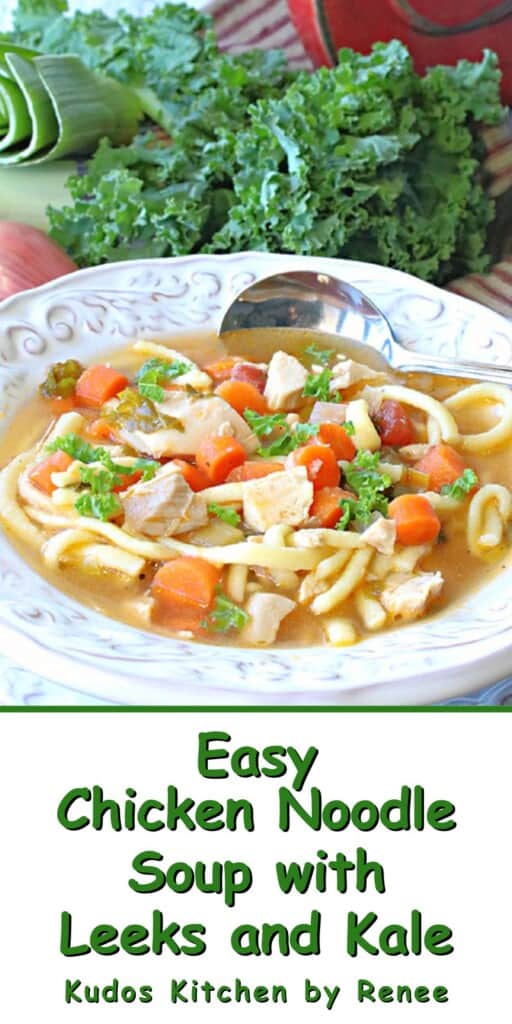 A Pinterest pin for Chicken Noodle Soup with Leeks and Kale along with a title text.
