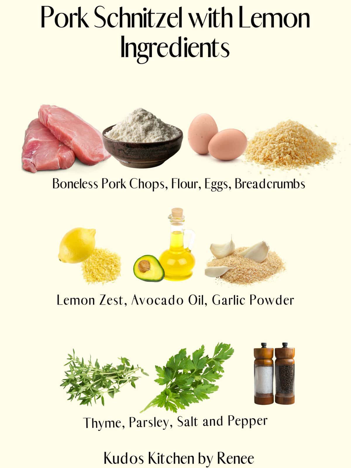 A visual ingredient list for making Pork Schnitzel with Lemon.