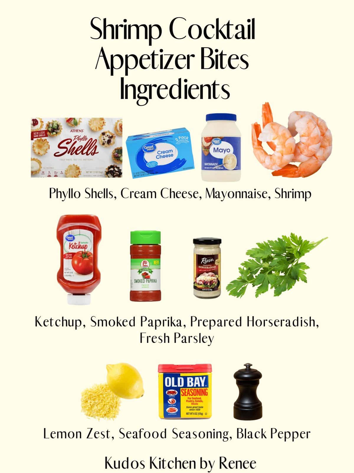 The visual ingredient list for making Shrimp Cocktail Appetizer Bites.