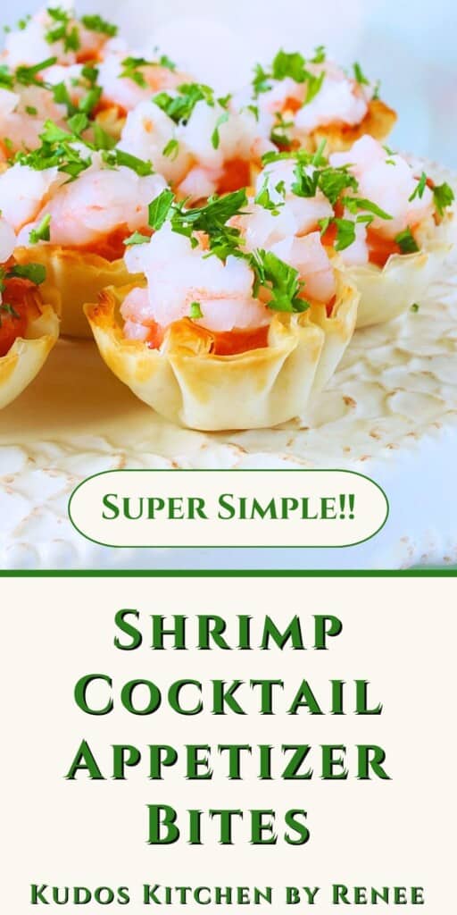 A Pinterest pin for Shrimp Cocktail Appetizer Bites with title text.