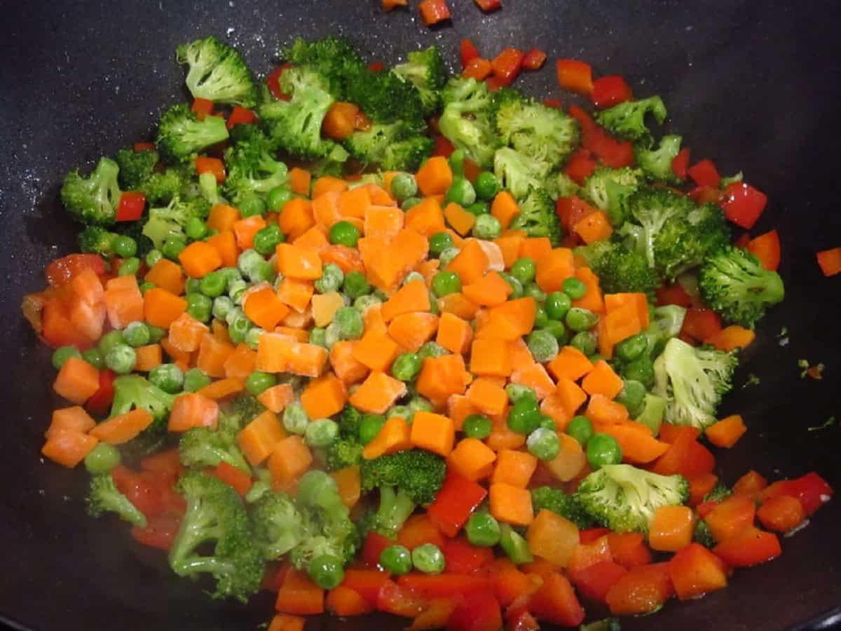 Chopped vegetables in a wok.