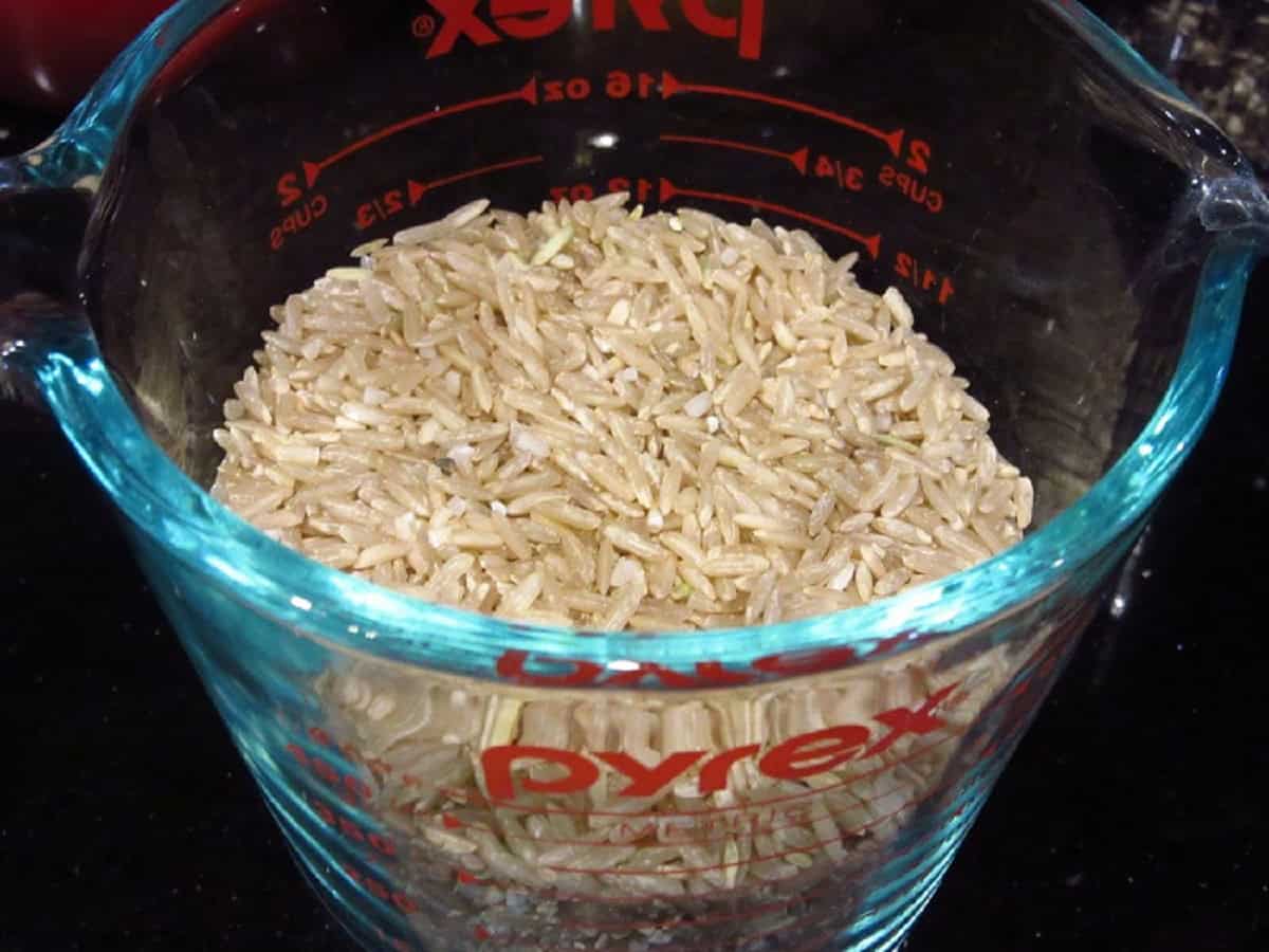 Uncooked brown rice in a glass measuring cup.