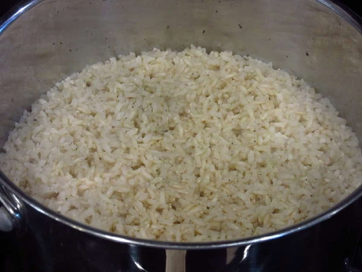 Cooked brown rice in a saucepan.