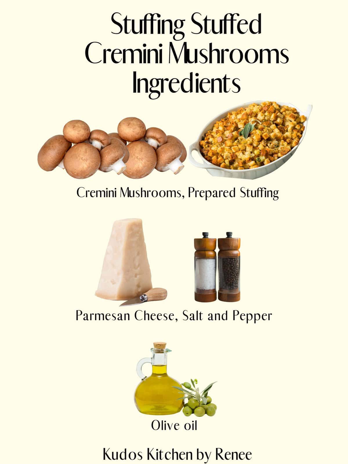 A visual ingredient list for making Stuffing Stuffed Cremini Mushrooms.