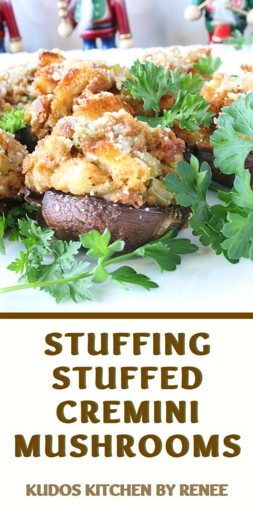 A Pinterest pin for Stuffing Stuffed Cremini Mushrooms along with a title text.