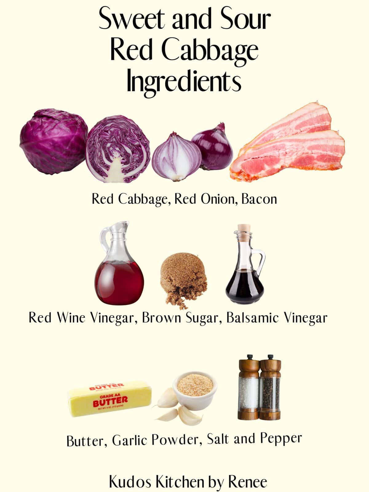 The visual ingredient list for making Sweet and Sour Red Cabbage with Bacon.