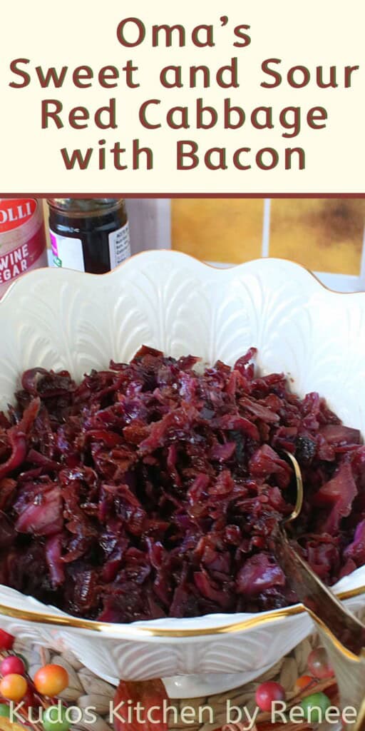 A Pinterest pin for Sweet and Sour Red Cabbage with bacon and a title text.