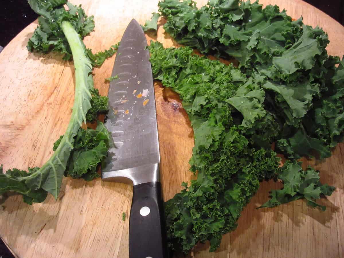 A knife that has removed a rib from a leaf of kale.