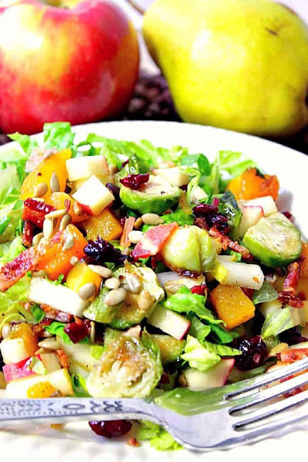 A closeup look at a colorful Fall Chopped Salad with an apple and pear in the background.