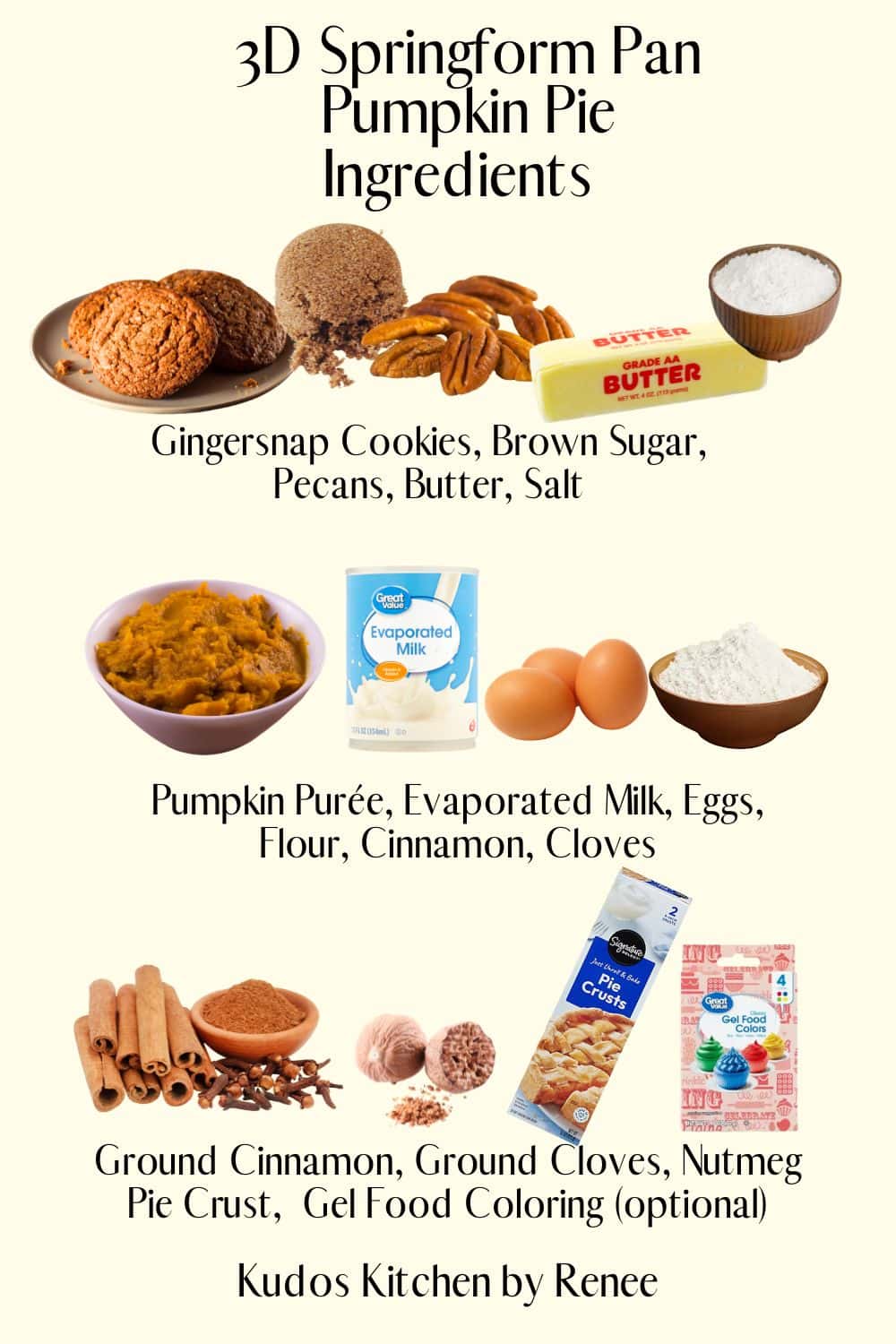 A visual ingredient list for making a 3D Springform Pan Pumpkin Pie.