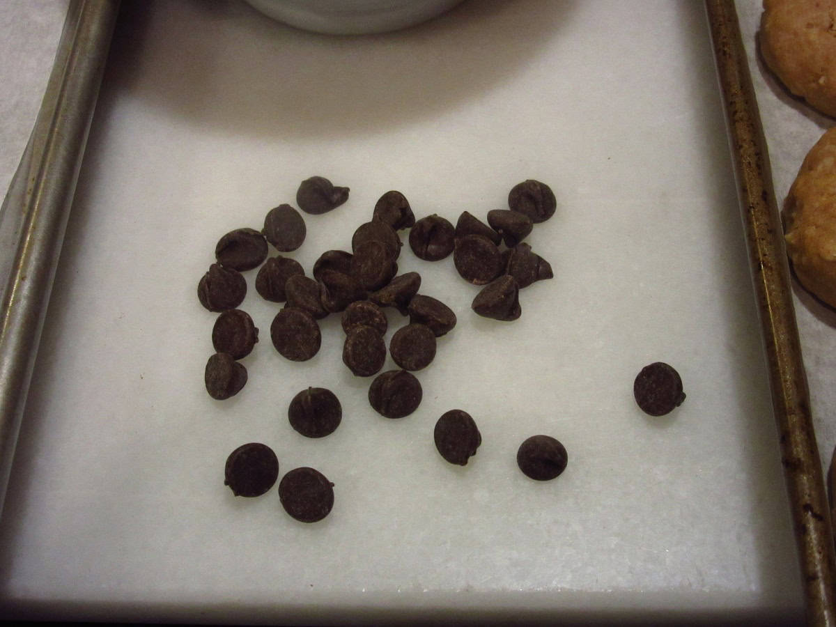 Chocolate chips on a baking sheet.