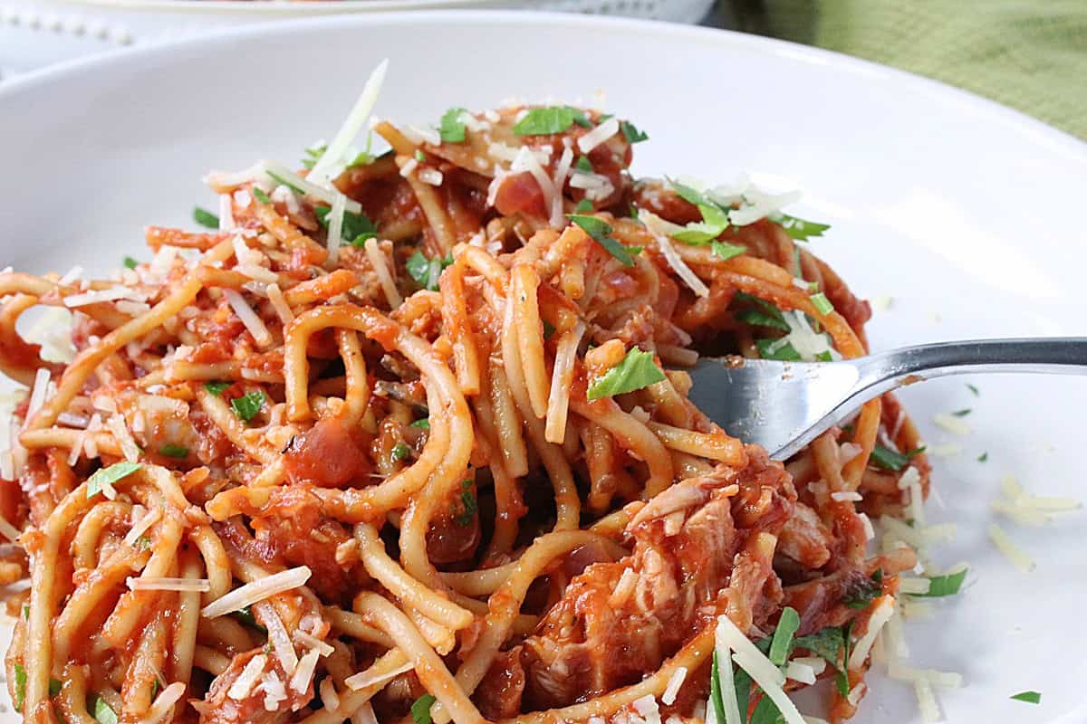 A fork in a bowl of French Spaghetti with Red Wine sauce.