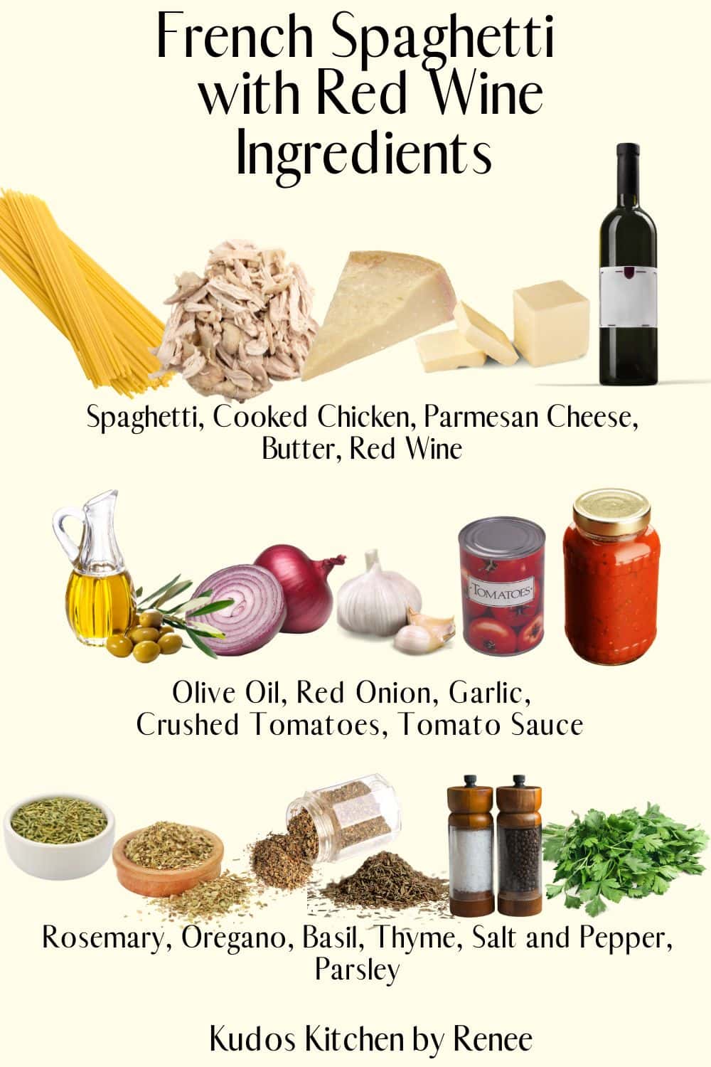 A visual ingredient list for making French Spaghetti with red wine.
