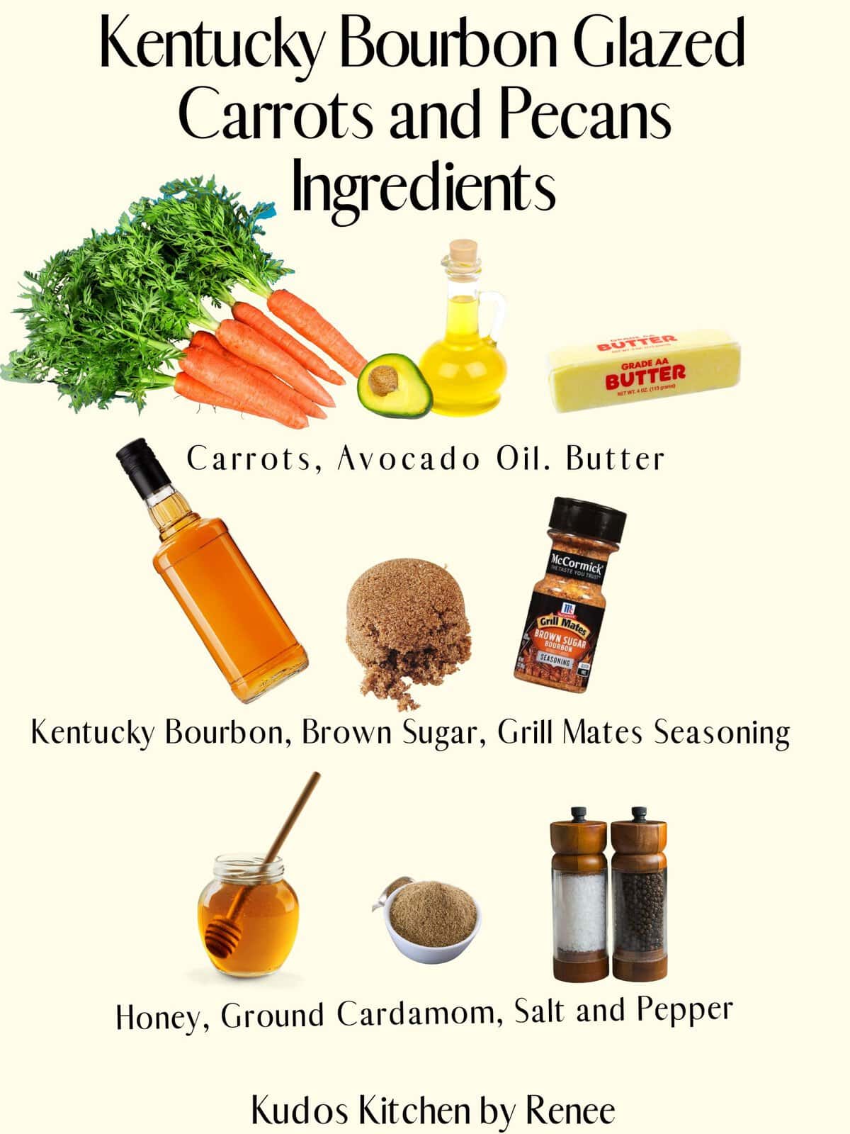 A visual ingredient list for making Kentucky Bourbon Glazed Carrots and Pecans.