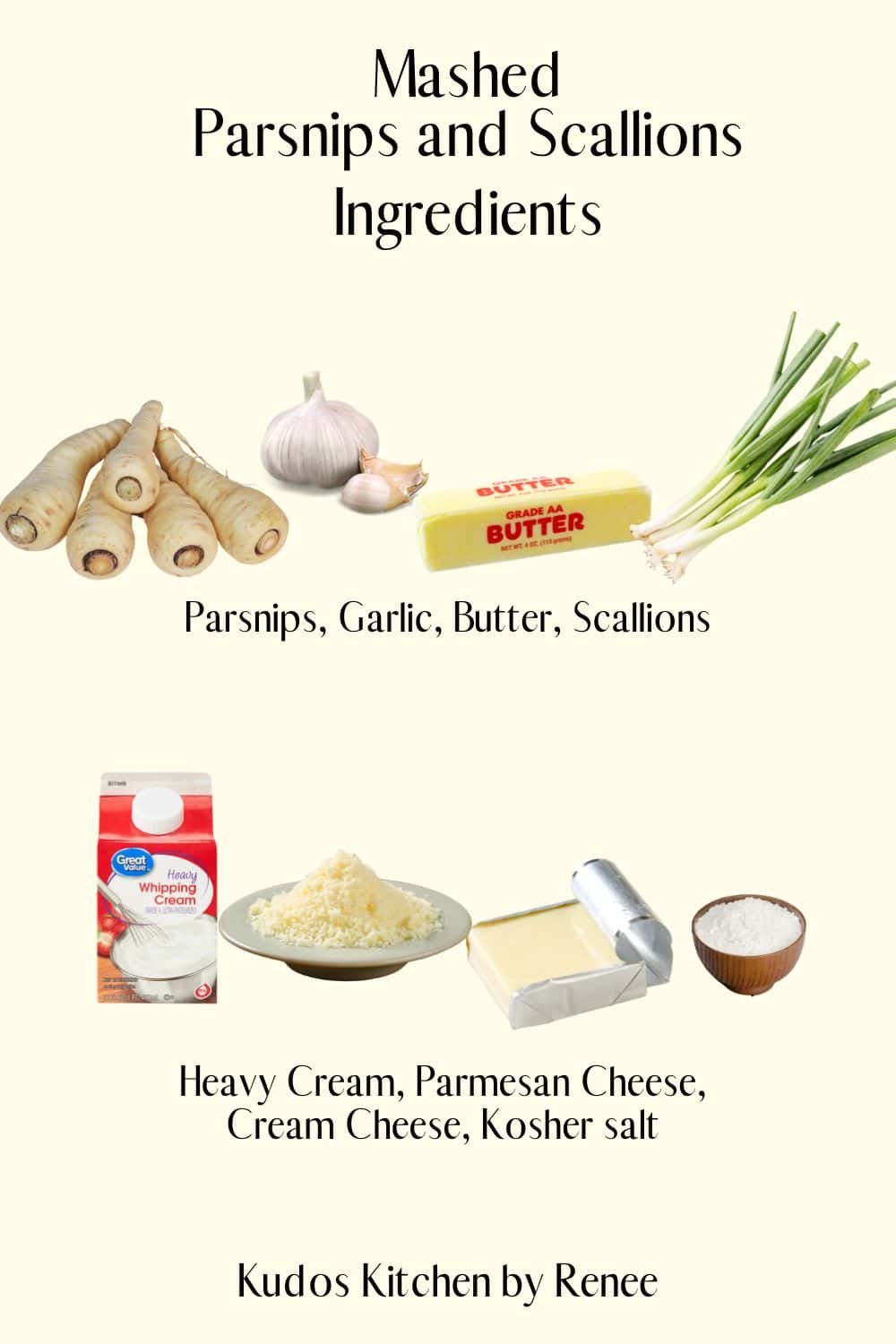 A visual ingredient list for making Mashed Parsnips and Scallions.