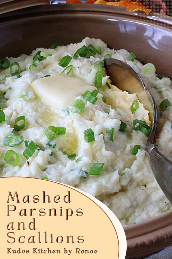 A Pinterest pin for Mashed Parsnips and Scallions along with a title text.