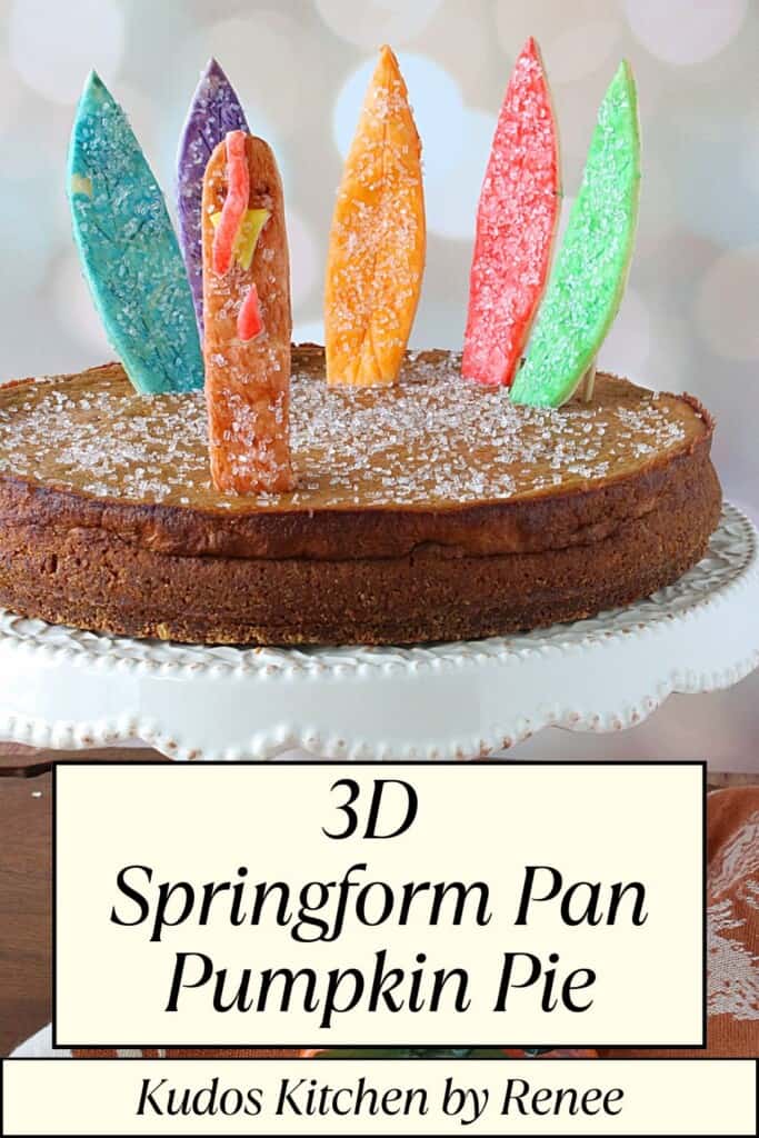 A Pinterest Pin for a 3D pumpkin pie baked in a springform pan.