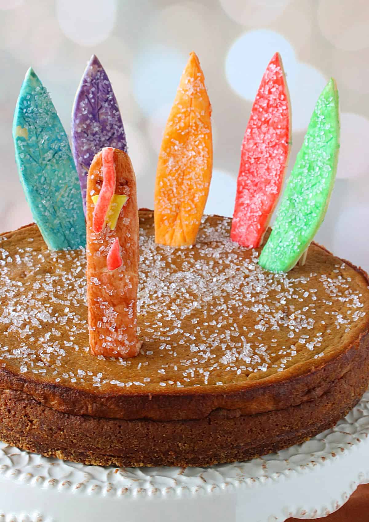 A pumpkin pie baked in a springform pan with colorful pie crust feathers sticking out.