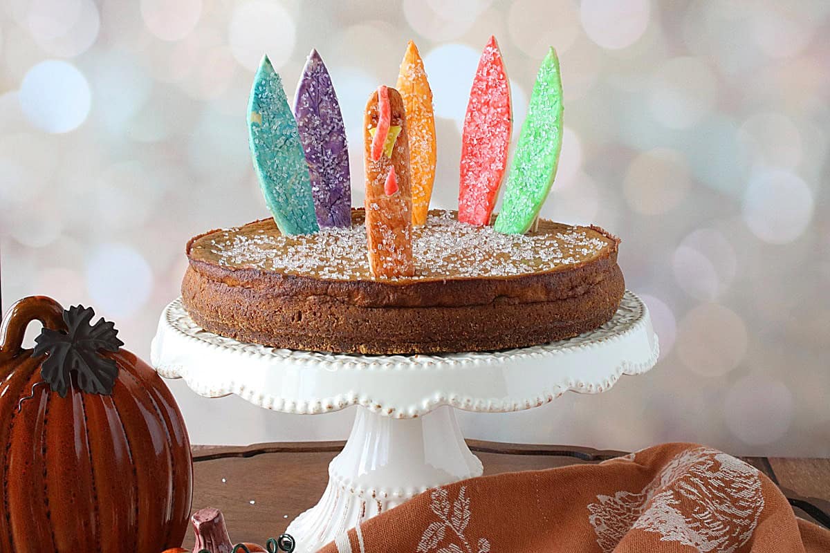 Colorful pie crust feathers and head sticking out of a springform pan baked pumpkin pie.