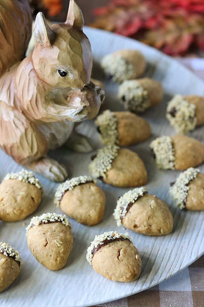Acorn shaped cookies on a round platter with a squirrel.