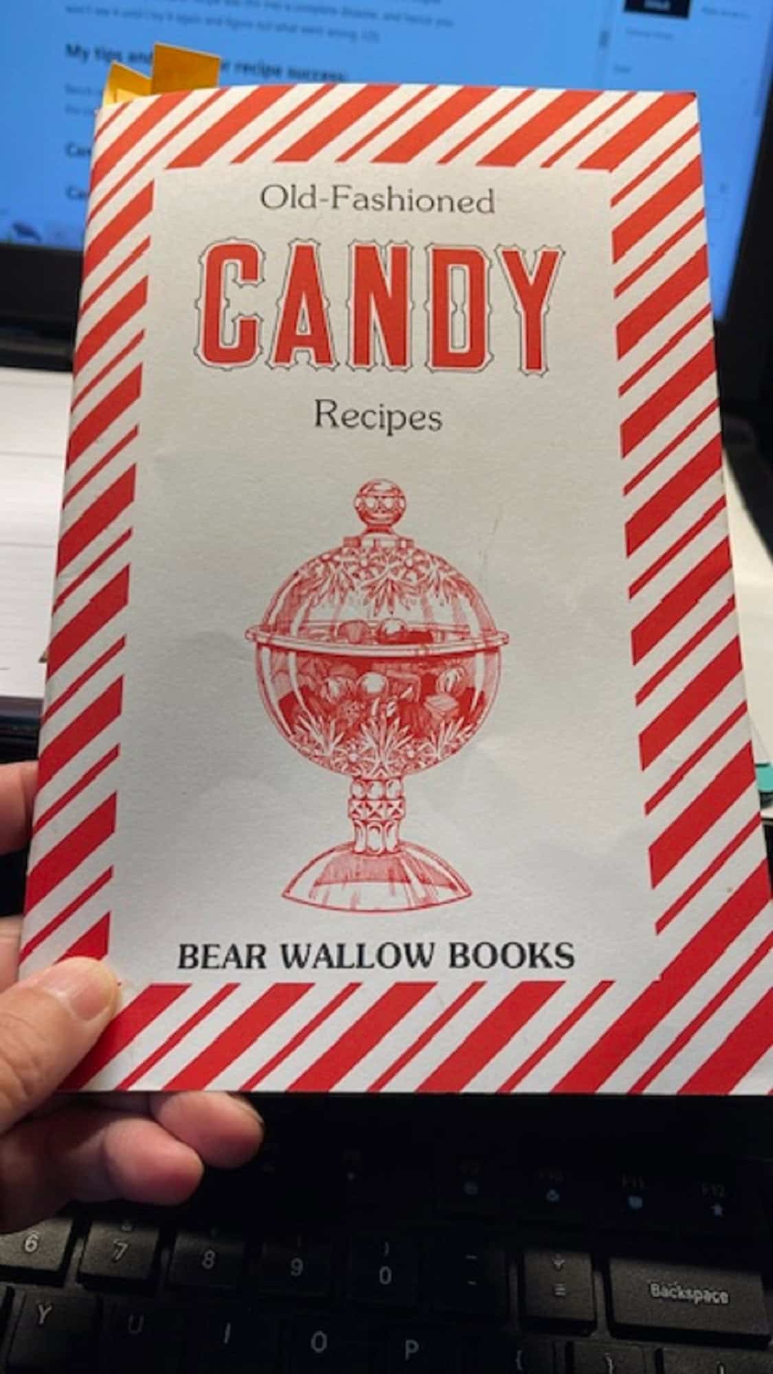 A hand holding an Old-Fashioned Candy Recipes Cookbook.