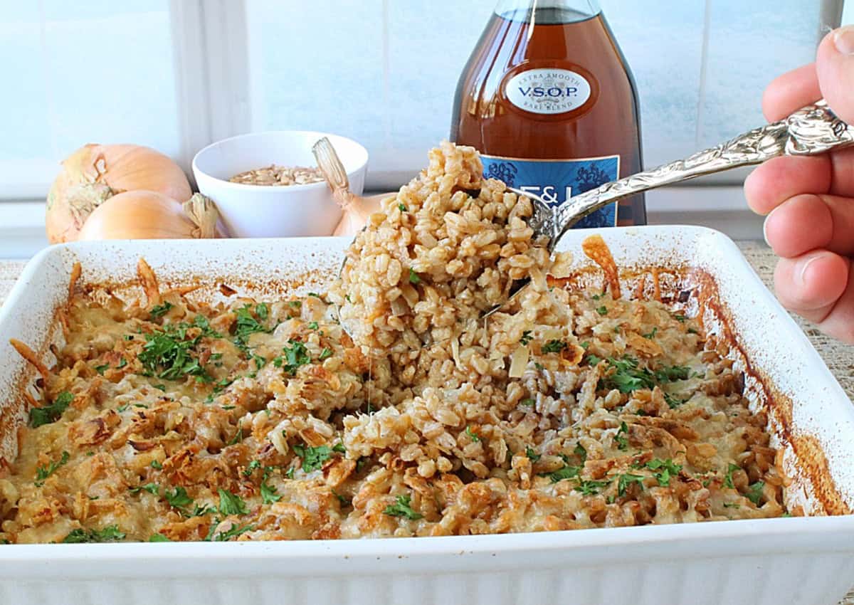 A serving of cooked farro on a spoon with crispy fried onions, melted cheese, and parsley.