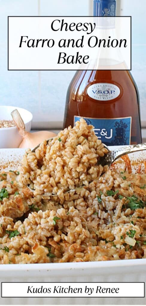 A Pinterest pin for Cheesy Farro and Onions along with a title text.