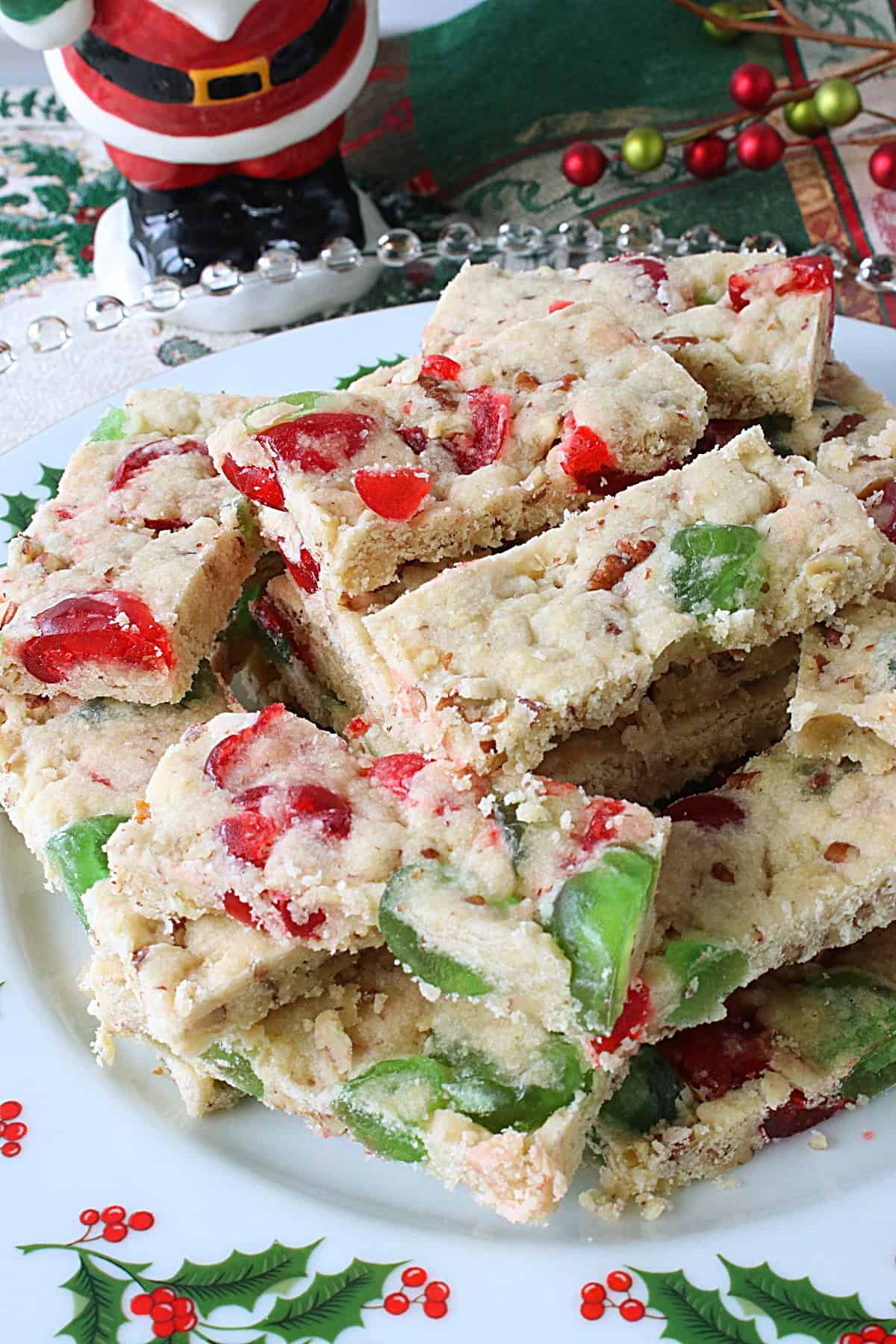 A holiday plate filled with Red and Green Cherry Slices.