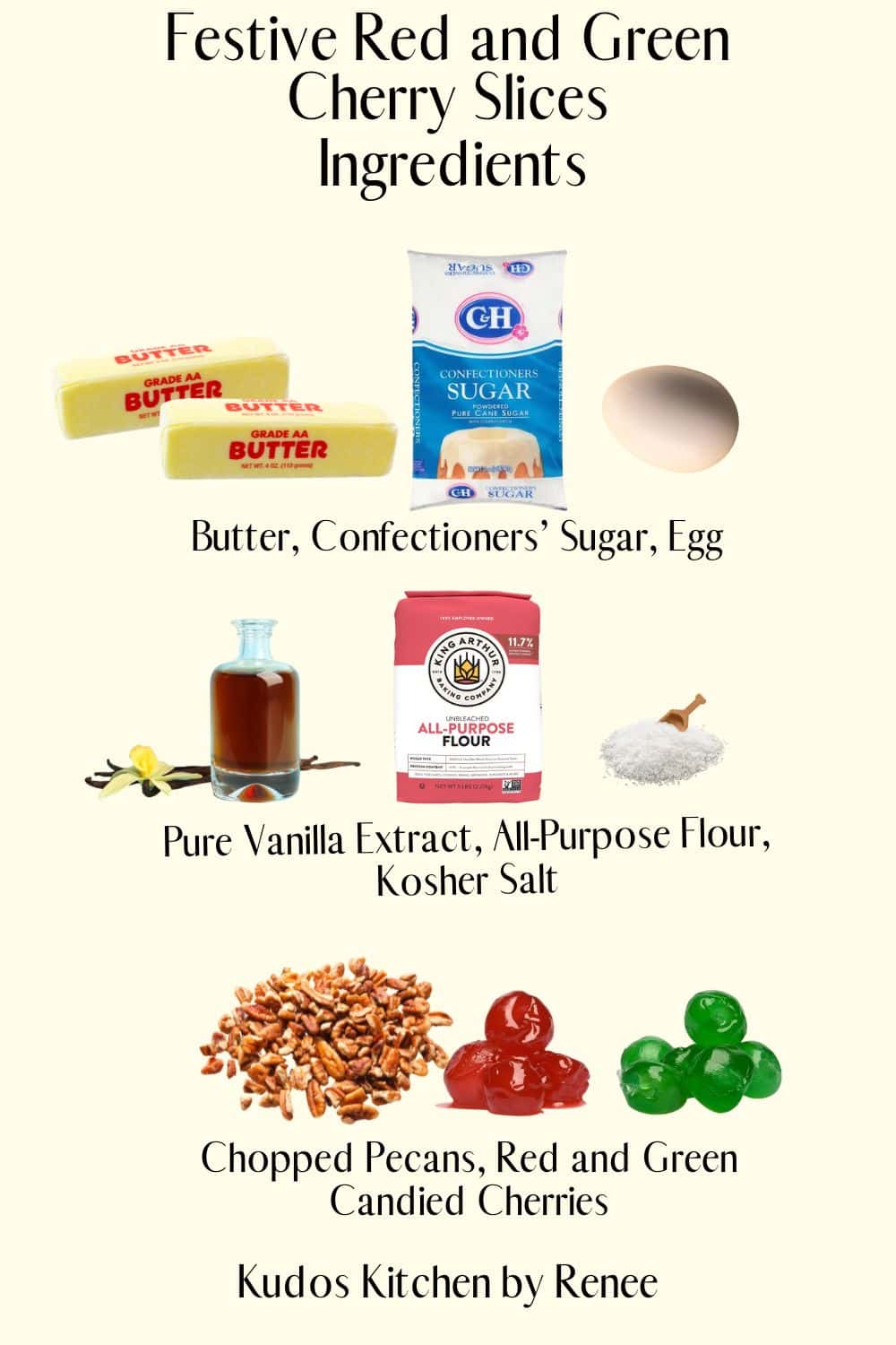 A visual ingredient list for making Festive Red and Green Cherry Slices.