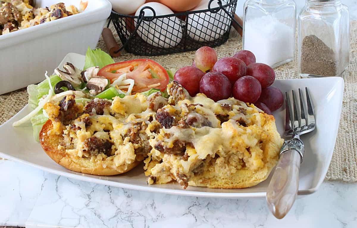 A very colorful presentation of a serving of Italian Sausage and Scrambled Egg Casserole.