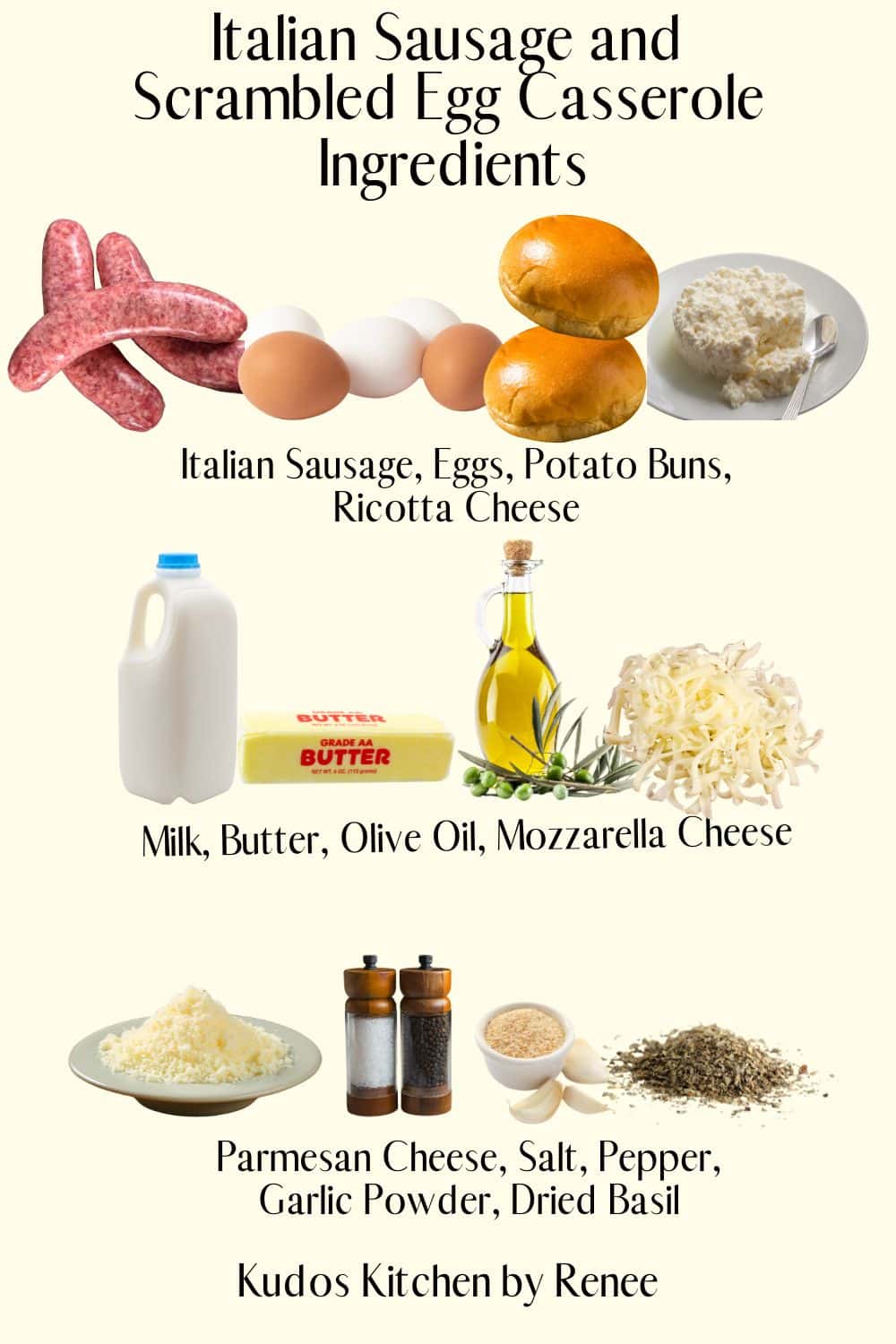 A visual ingredient list for making an Italian Sausage and Scrambled Egg Casserole.