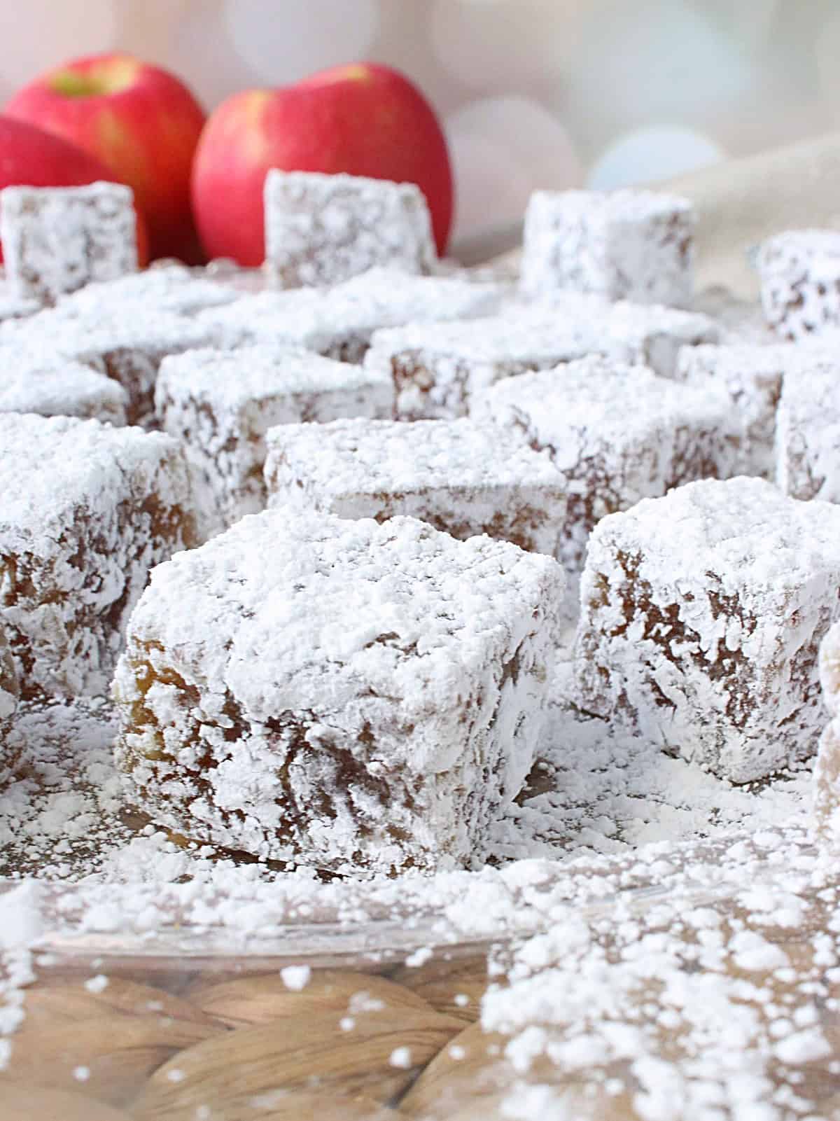 Squares of Old-Fashioned Apple Chews Candy on a platter.