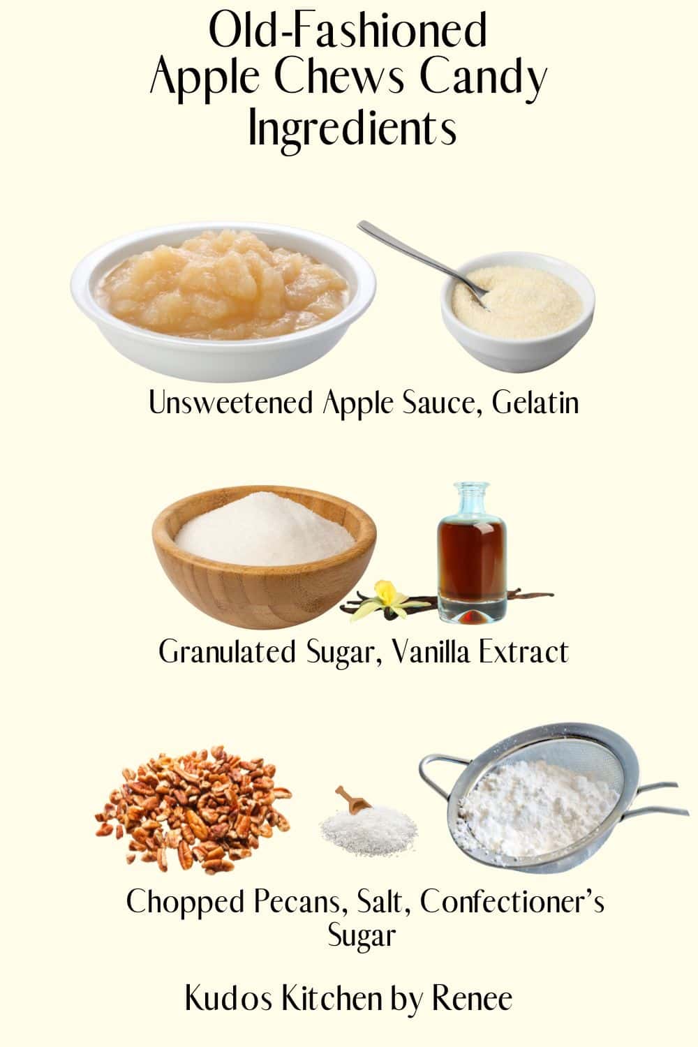 A visual ingredient list for making Old-Fashioned Apple Chews Candy.