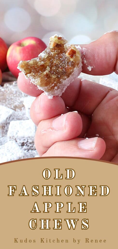 A Pinterest pin for Old-Fashioned Apple Chews Candy along with a title text.
