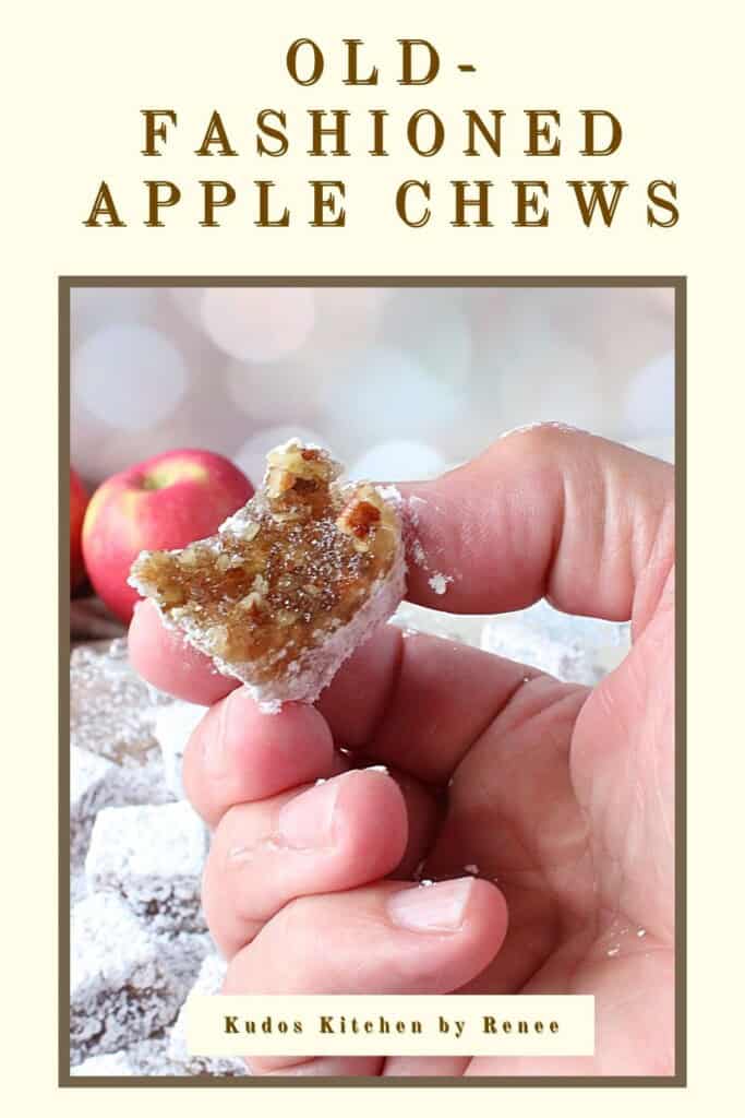 A Pinterest pin for Old Fashioned Apple Chews Candy along with a title text.