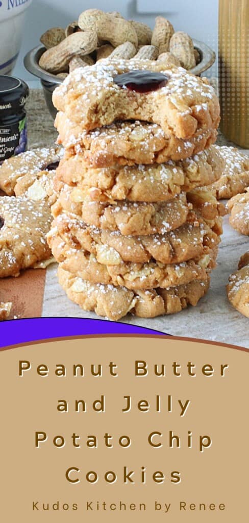 A Pinterest pin for Peanut Butter and Jelly Potato Chip Cookies along with a title text.