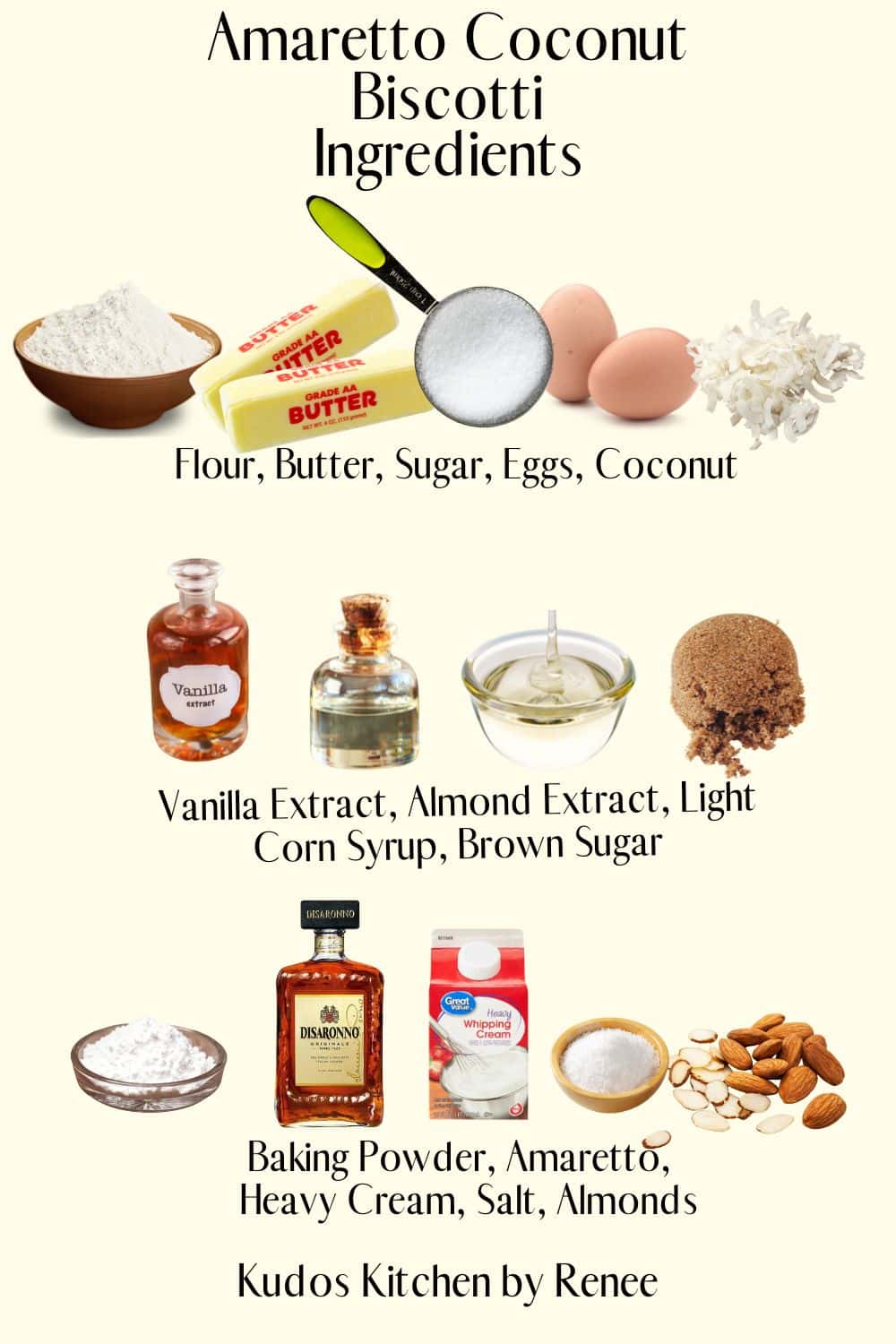 A visual ingredient list for making Amaretto Coconut Biscotti Cookies.