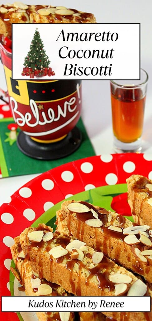 A Pinterest pin for Amaretto Coconut Biscotti along with a title text graphic.