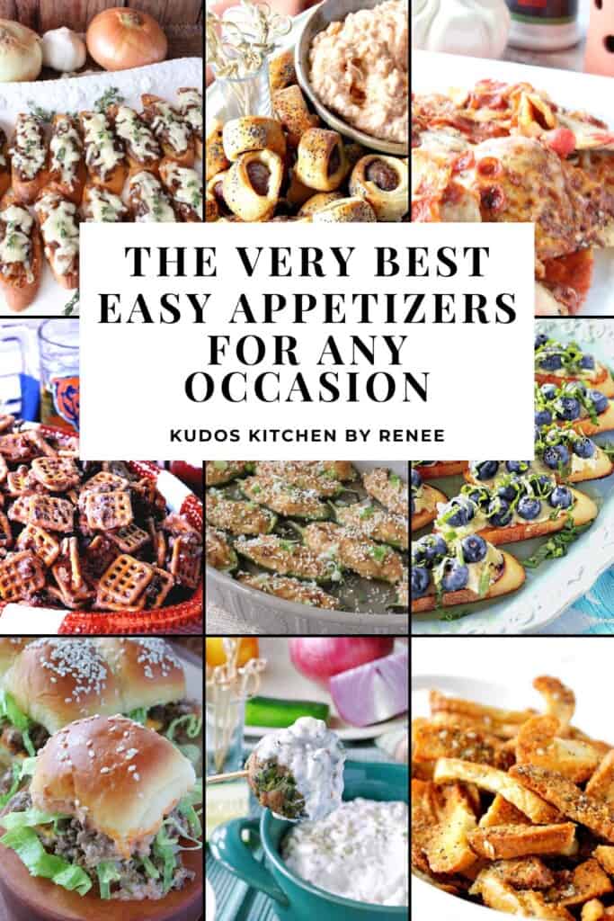 Pinterest collage image for the very best easy appetizers for any occasion with title text.
