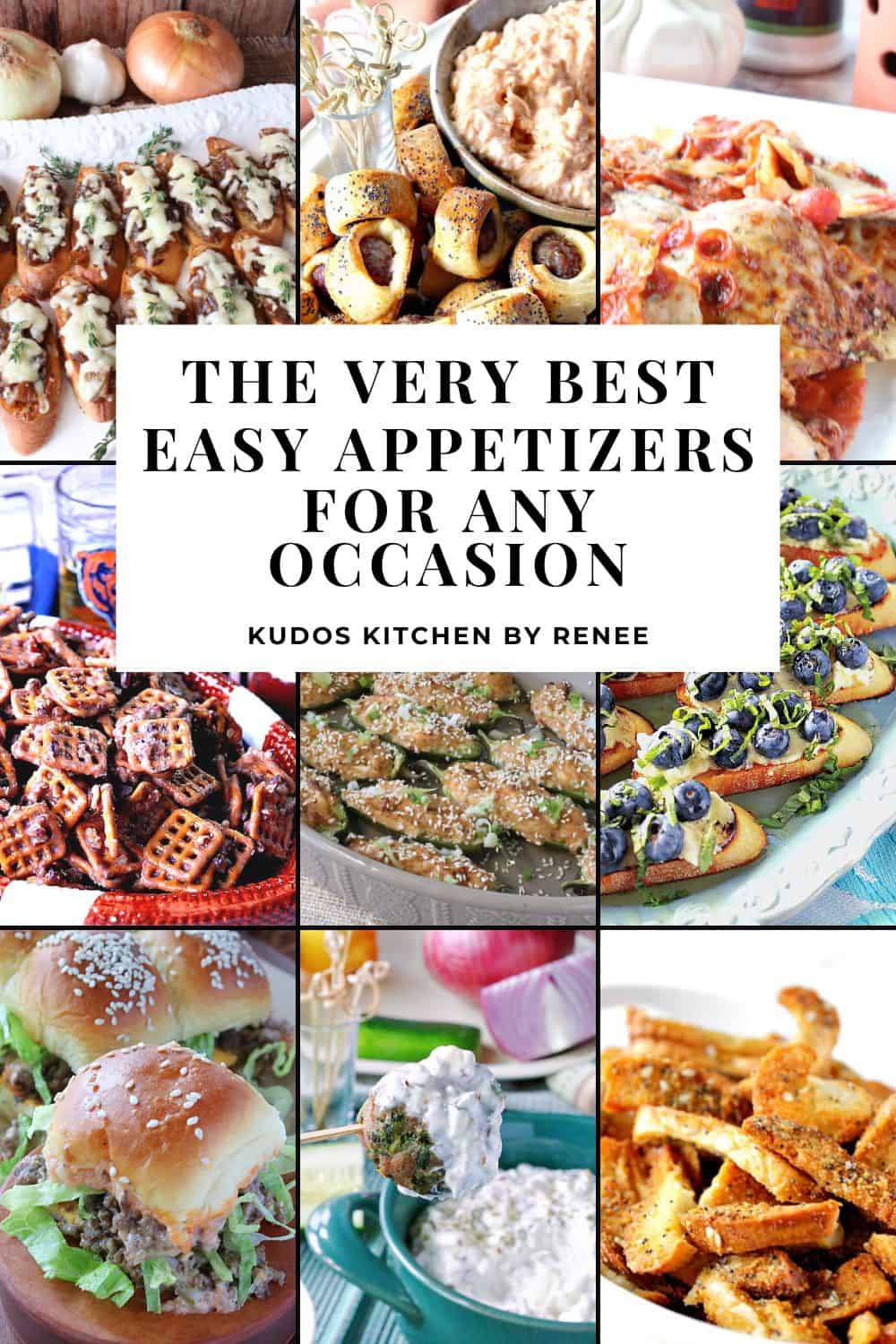 Pinterest collage image for the very best easy appetizers for any occasion with title text.