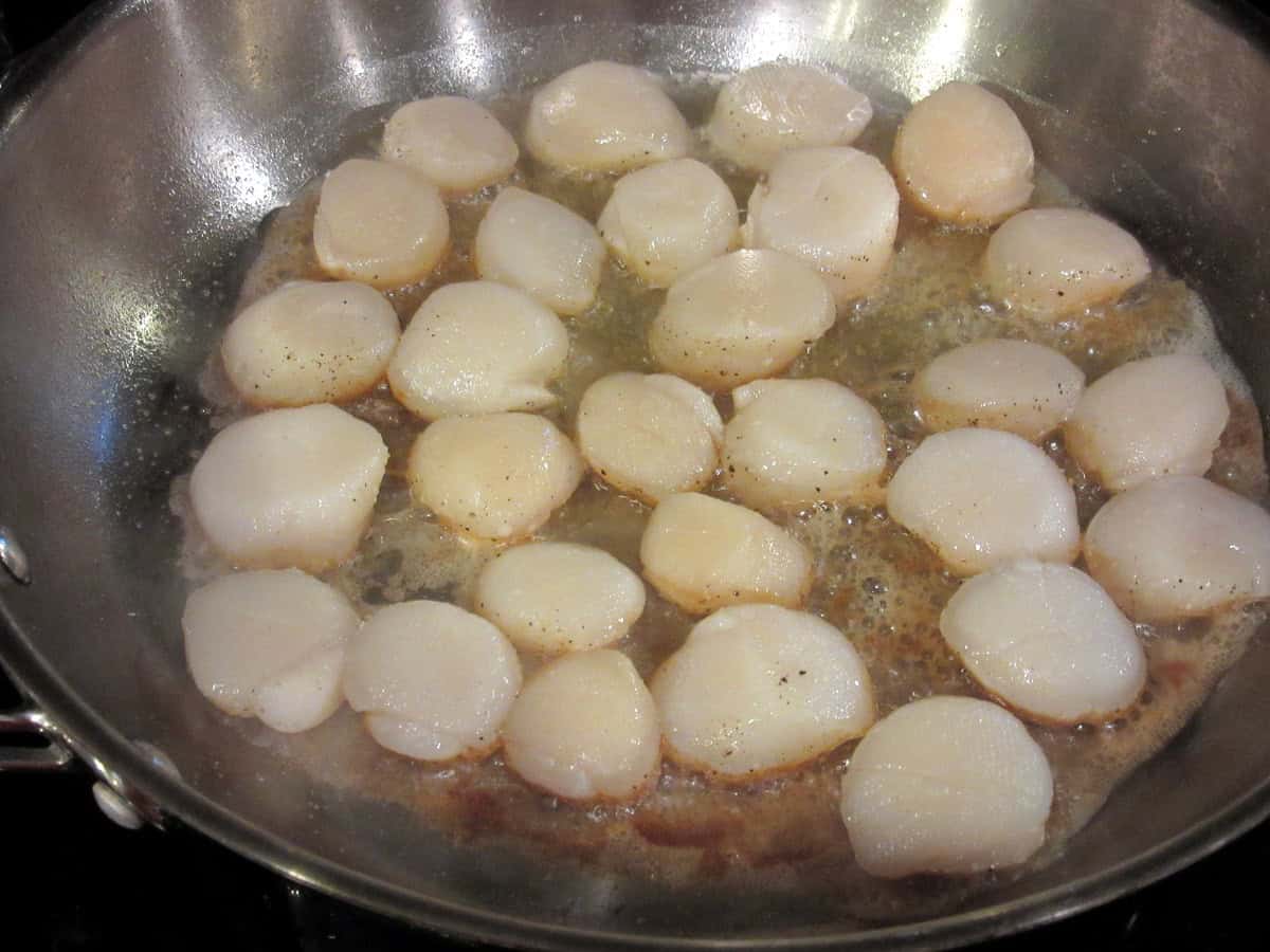 Caramelizing scallops in a large skillet.