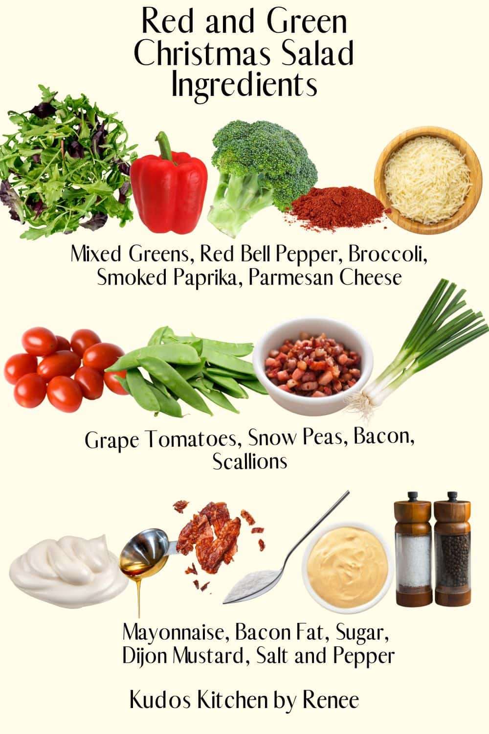 A visual ingredient list for making a Red and Green Christmas Salad.