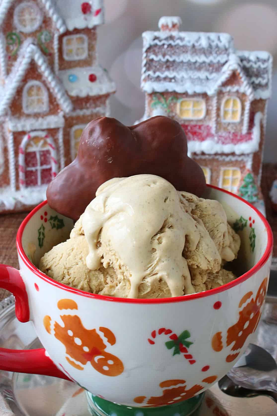 A melty dish of Gingerbread No-Churn Ice Cream with a chocolate cookie.