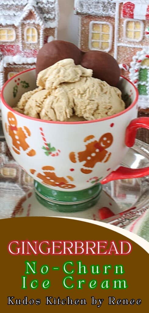 A Pinterest pin for Gingerbread No-Churn Ice Cream with a title text.