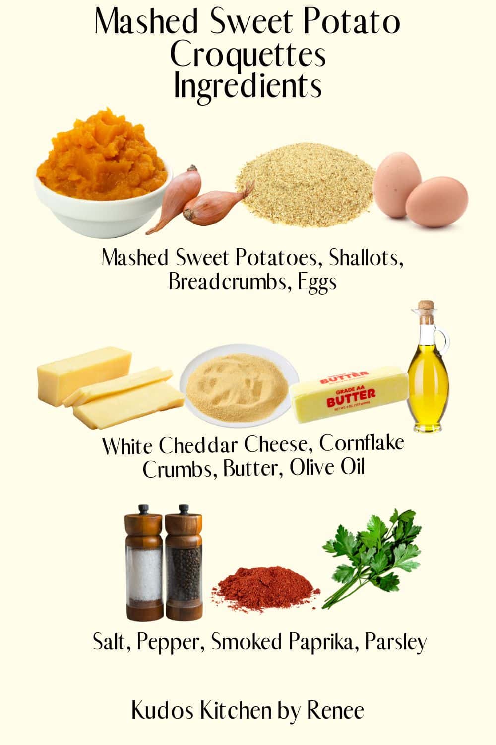 A visual ingredient list for making Mashed Sweet Potato Croquettes.