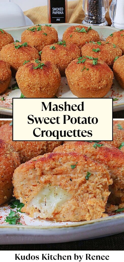 A two image Pinterest collage for Mashed Sweet Potato Croquettes along with a title text.